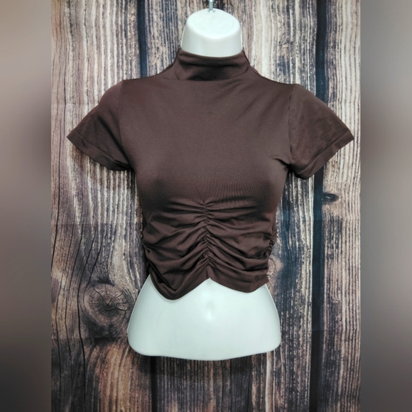 eye candy Tops - Eyecandy Brown Ruched High Neck Top Spandex Size S/M